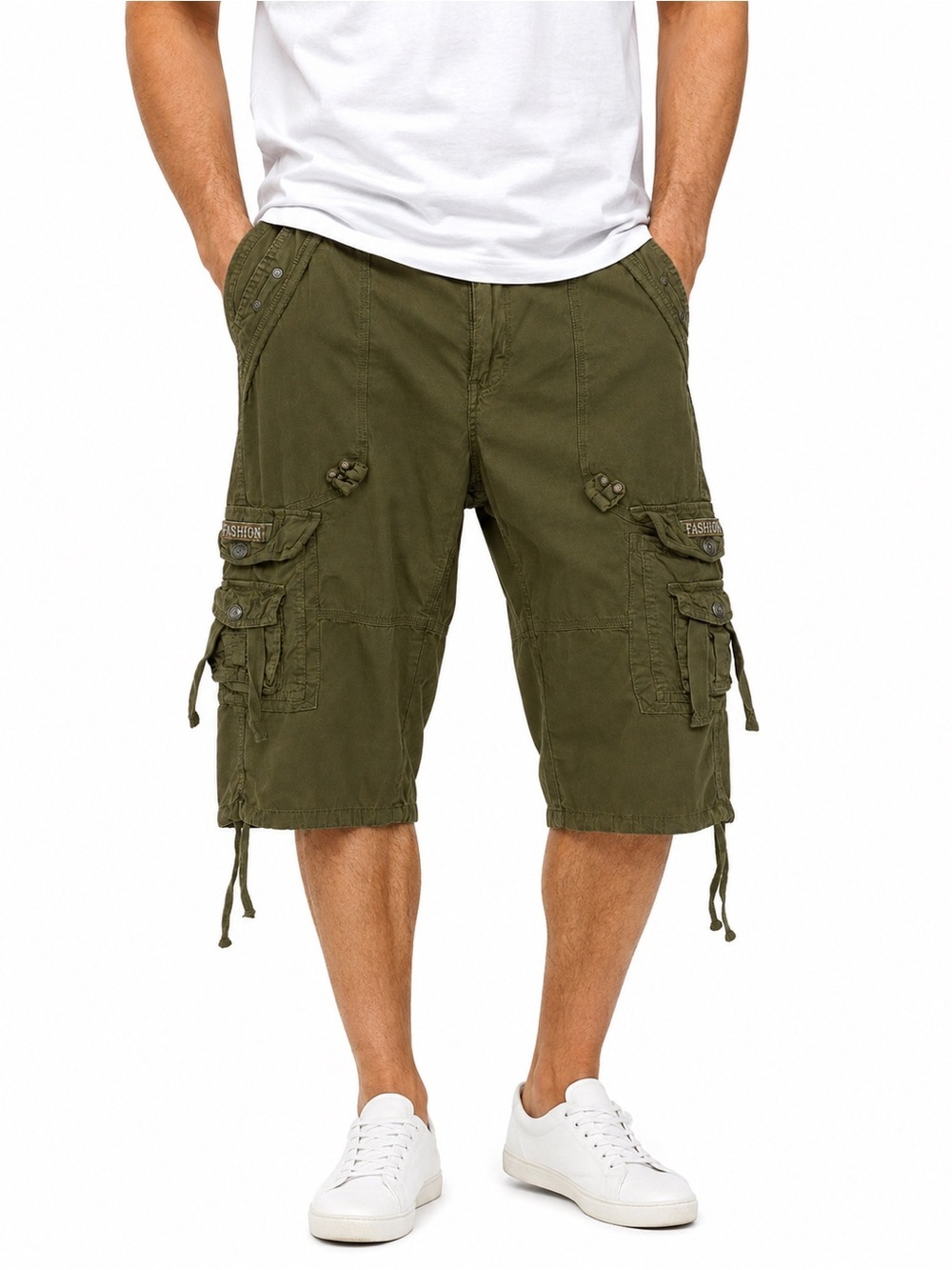 Mens Army Green Cargo Shorts S: 38 Cotton Utility Military Y2K Style Drawstring